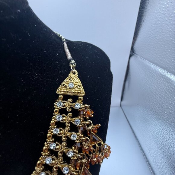 Vintage Indian Bollywood Style Gold Tone Crystal Bib Necklace With Amber Beads – - Picture 6 of 12